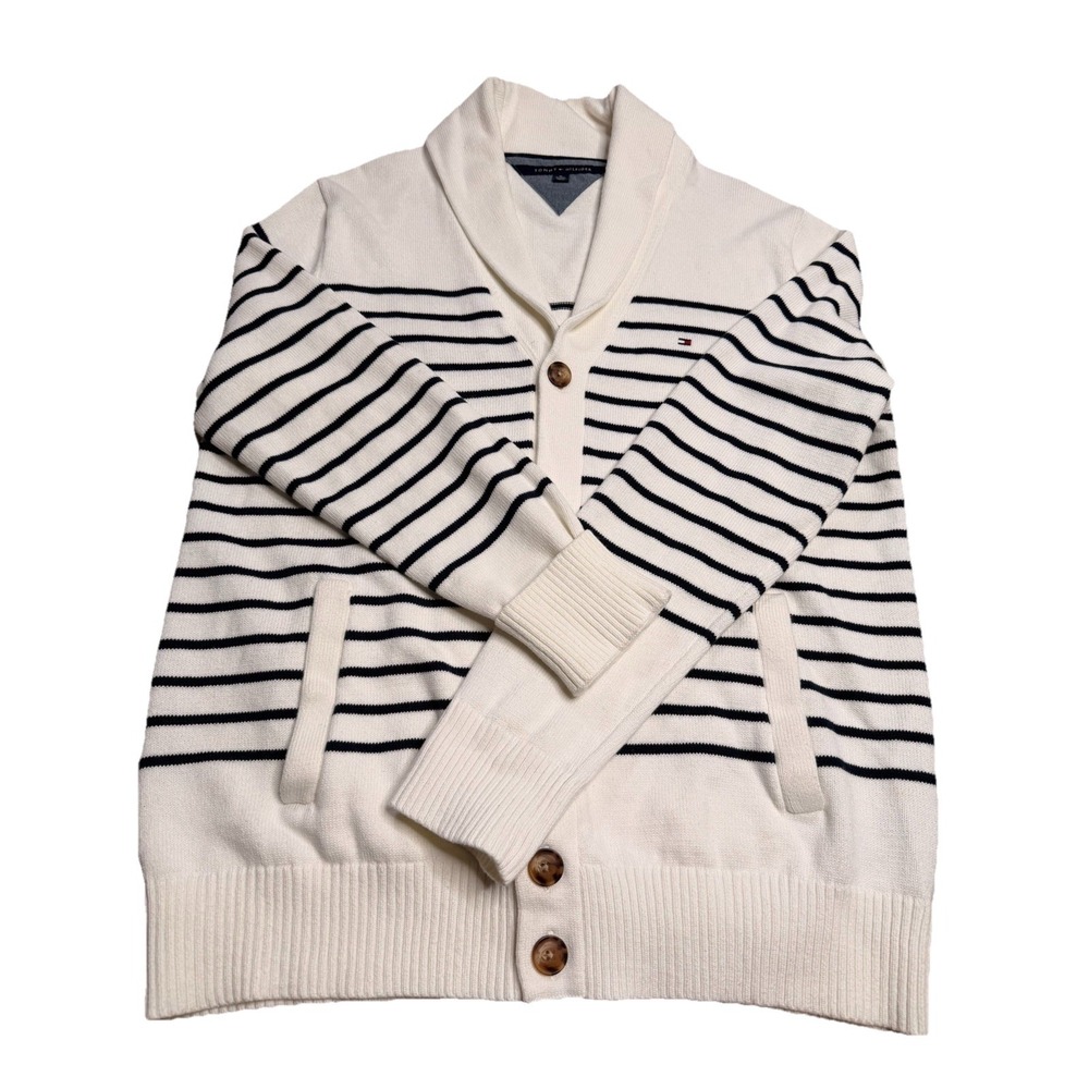 Tommy Hilfiger Shawl Collar Knit Cardigan Ivory & Black Striped Men's XL 100%cot